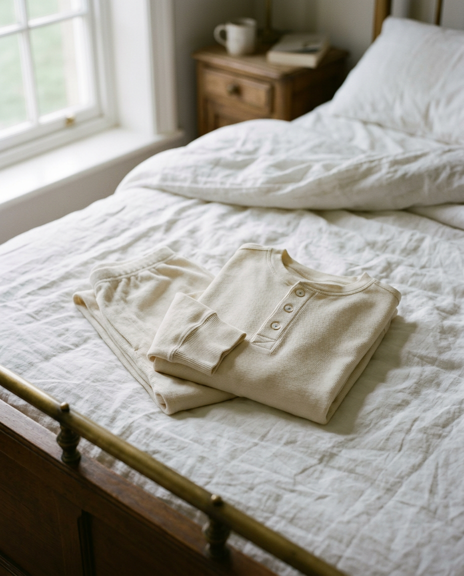 The Henley — heavyweight cotton pajama set in unbleached ivory, folded neatly on a rumpled white linen bed