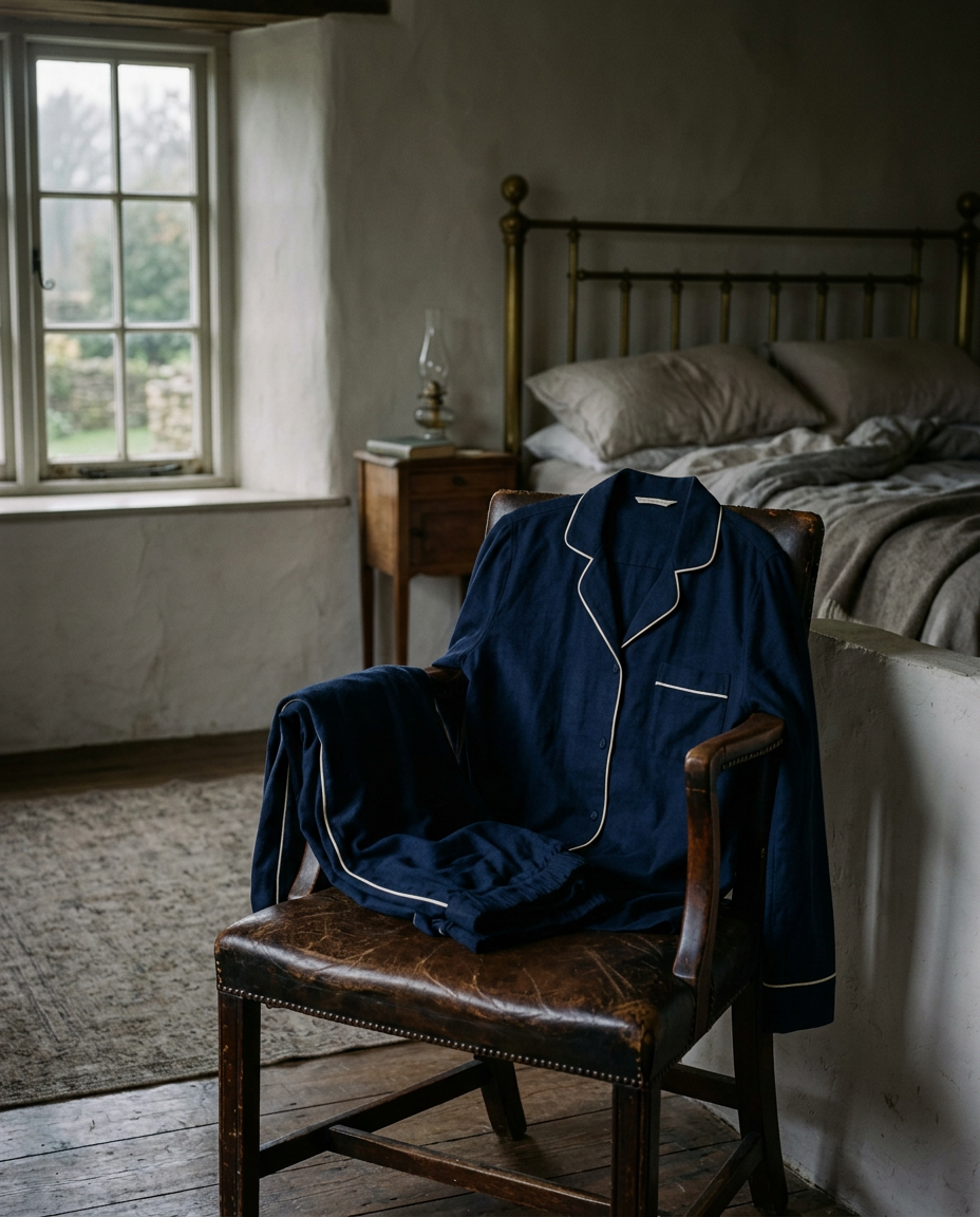 The Piped Set — navy brushed twill pajamas with cream piping, draped over a leather chair