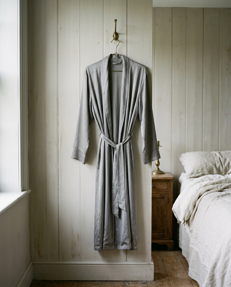 The Dressing Gown — washed silk dove grey robe hung on a brass hook