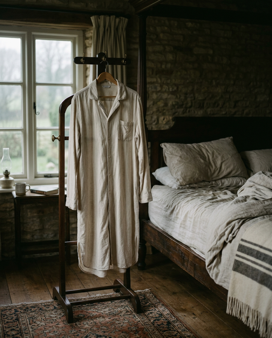 The Nightshirt — long bone brushed cotton flannel nightshirt hanging on a valet stand
