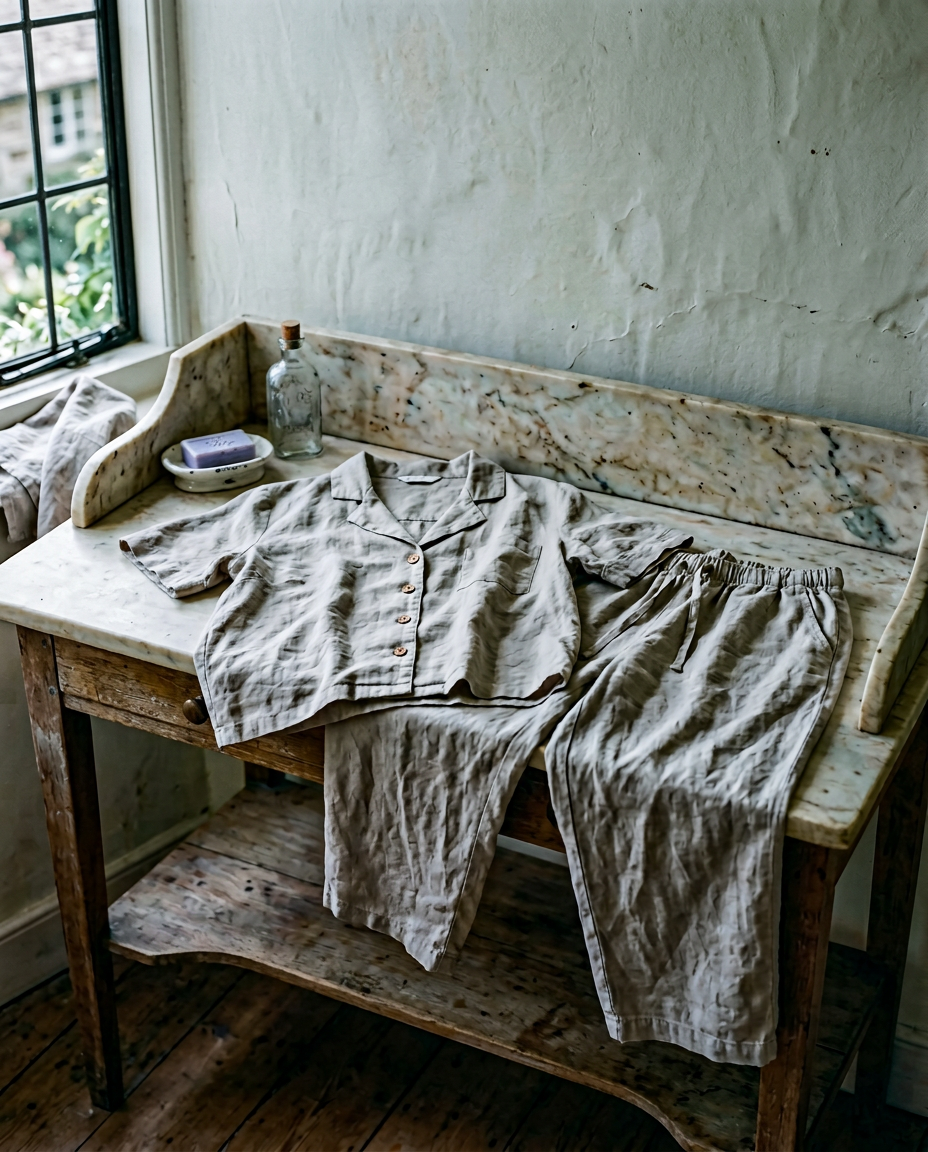 The Capri Set — Belgian linen short-sleeve pajamas in sand, laid on a marble washstand