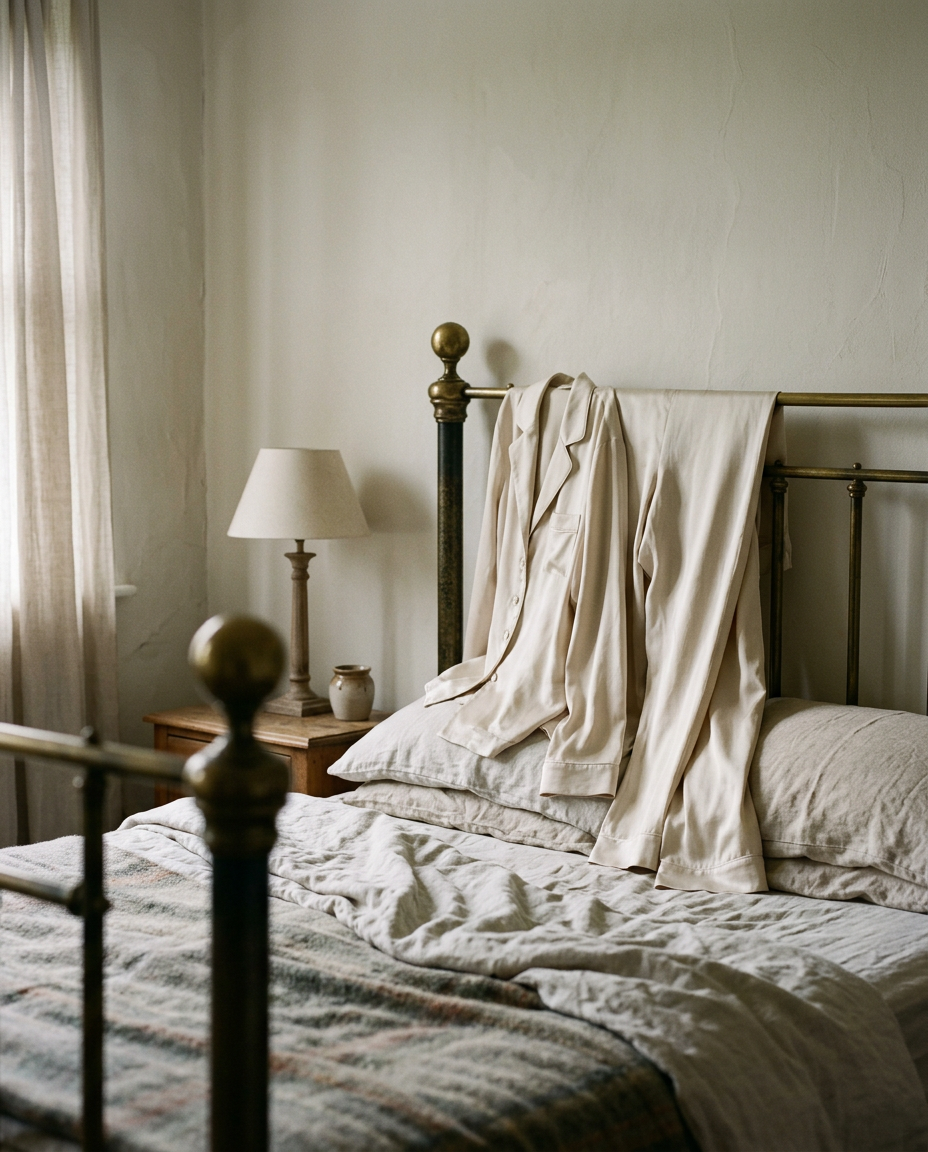The Silk Pajama — 22-momme washed silk in oyster, draped over a brass bed frame