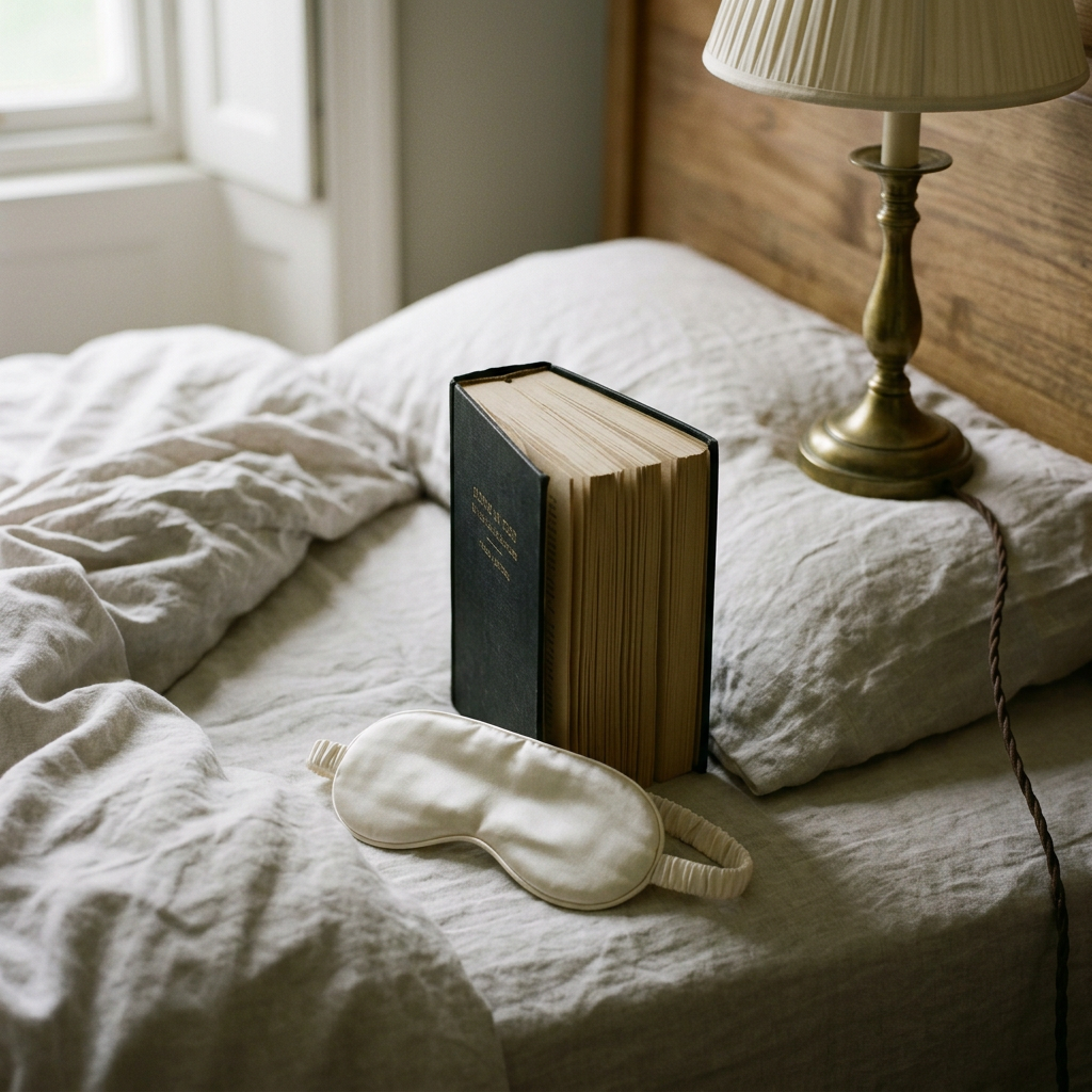 The Sleep Mask — ivory mulberry silk eye mask beside a hardback book and brass lamp on linen