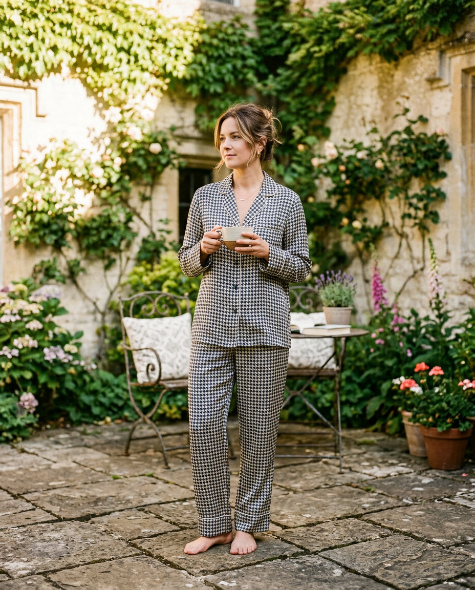 Woman in houndstooth silk pajamas standing barefoot in an English manor courtyard, holding a cream ceramic coffee cup, climbing roses on limestone walls behind her